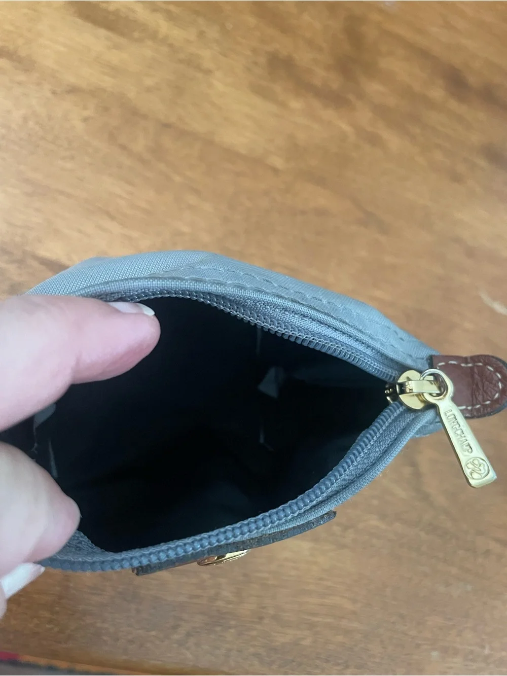 Longchamp Small Gray Pouch with Brown Leather Trim
